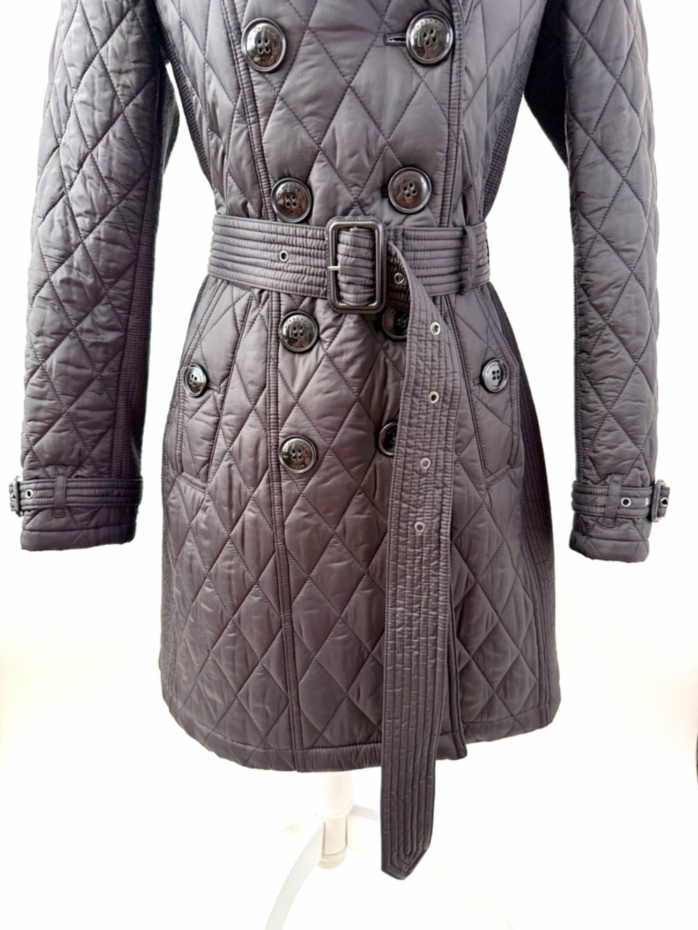 BURBERRY | Black‎ Quilted Double Breasted Trench Coat Belted Jacket Check Small - Picture 4 of 12